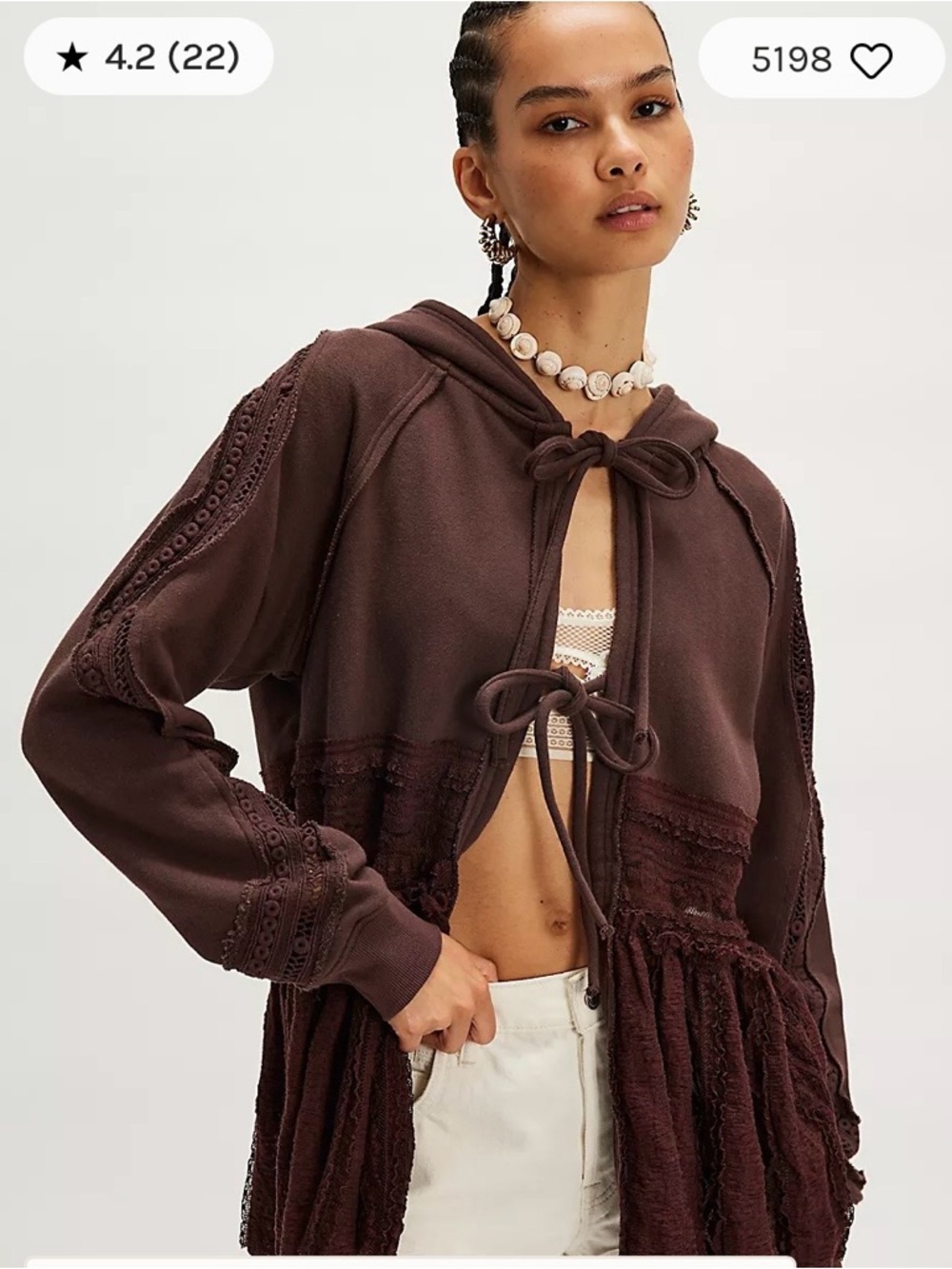 Free People Cream Lace-Trim Hooded Cardigan NWOT SIZE MEDIUM - Picture 5 of 8